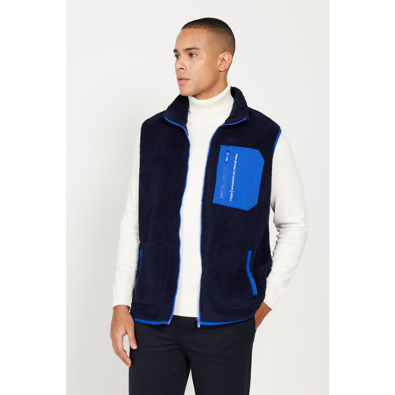 AC&Co / Altınyıldız Classics Men's Navy Blue Standard Fit Normal Fit High Neck Sherpa Fleece Vest