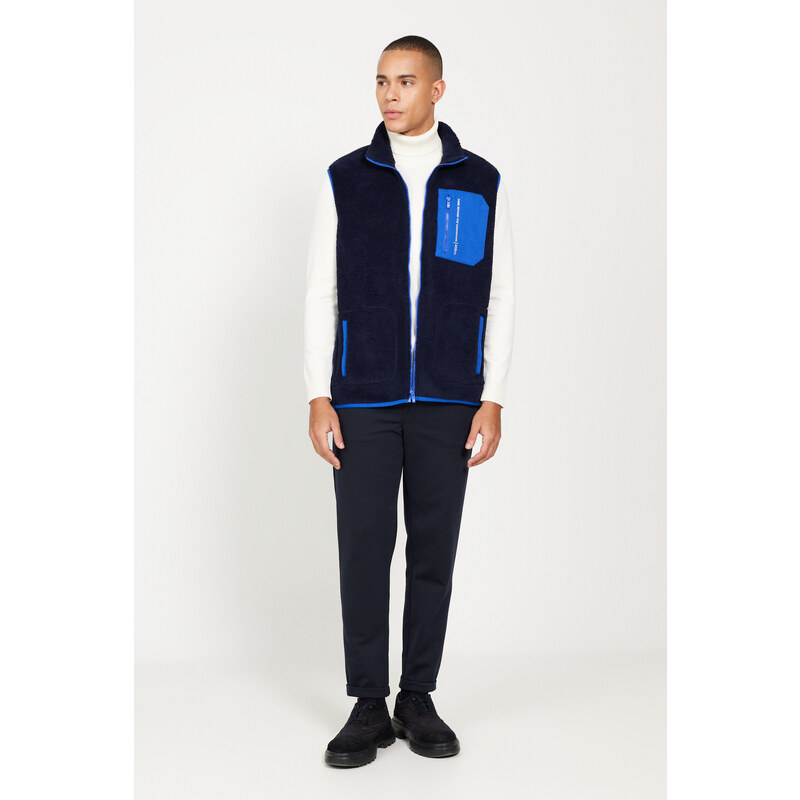 AC&Co / Altınyıldız Classics Men's Navy Blue Standard Fit Normal Fit High Neck Sherpa Fleece Vest