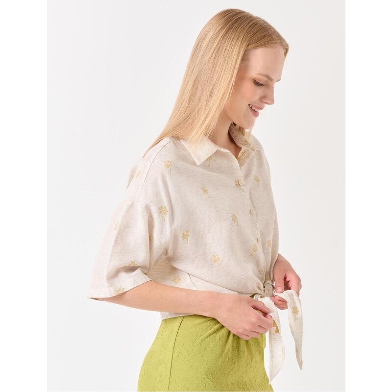 Jimmy Key Beige Tie Front Shirt with Palm Detail