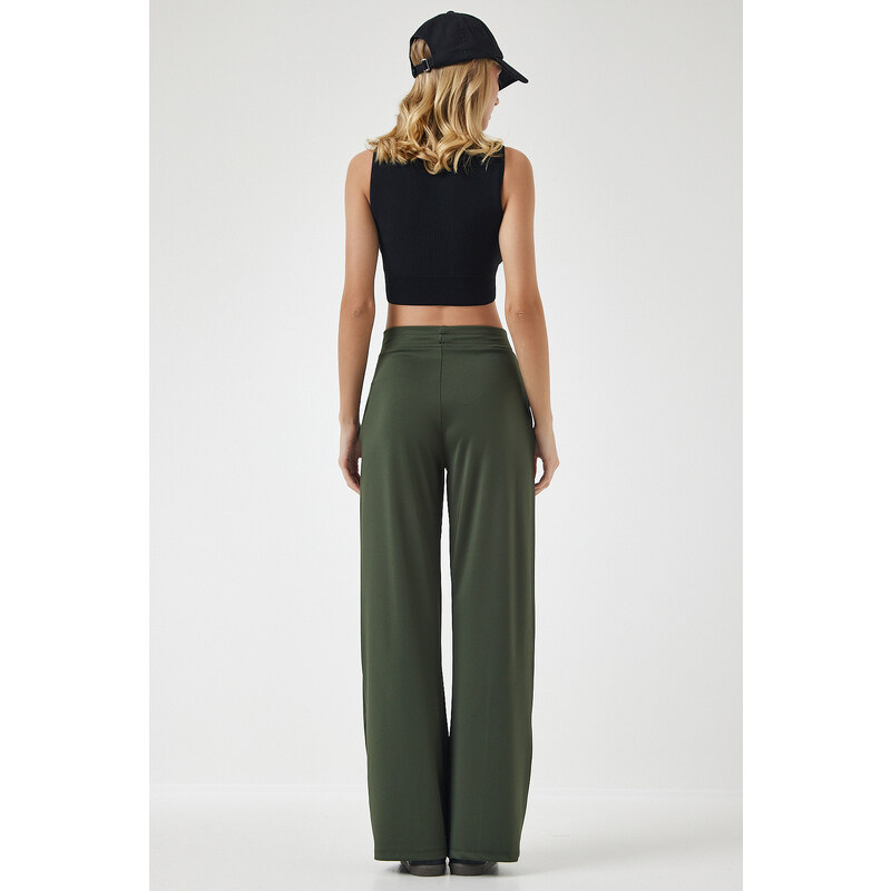 Happiness İstanbul Women's Khaki High Waist Scuba Palazzo Trousers