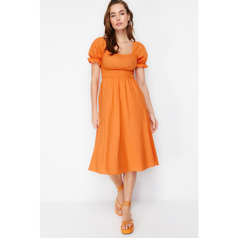 Trendyol Orange Skater/Ballet Opening Balloon Sleeve Midi Woven Dress