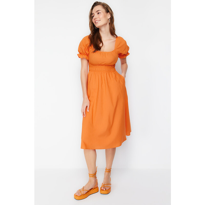 Trendyol Orange Skater/Ballet Opening Balloon Sleeve Midi Woven Dress