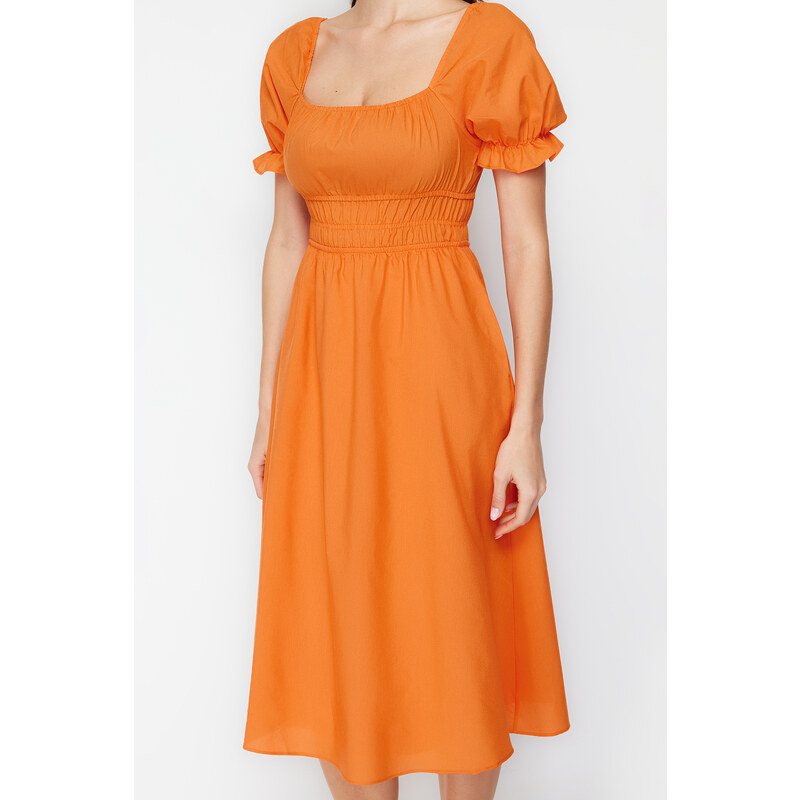 Trendyol Orange Skater/Ballet Opening Balloon Sleeve Midi Woven Dress