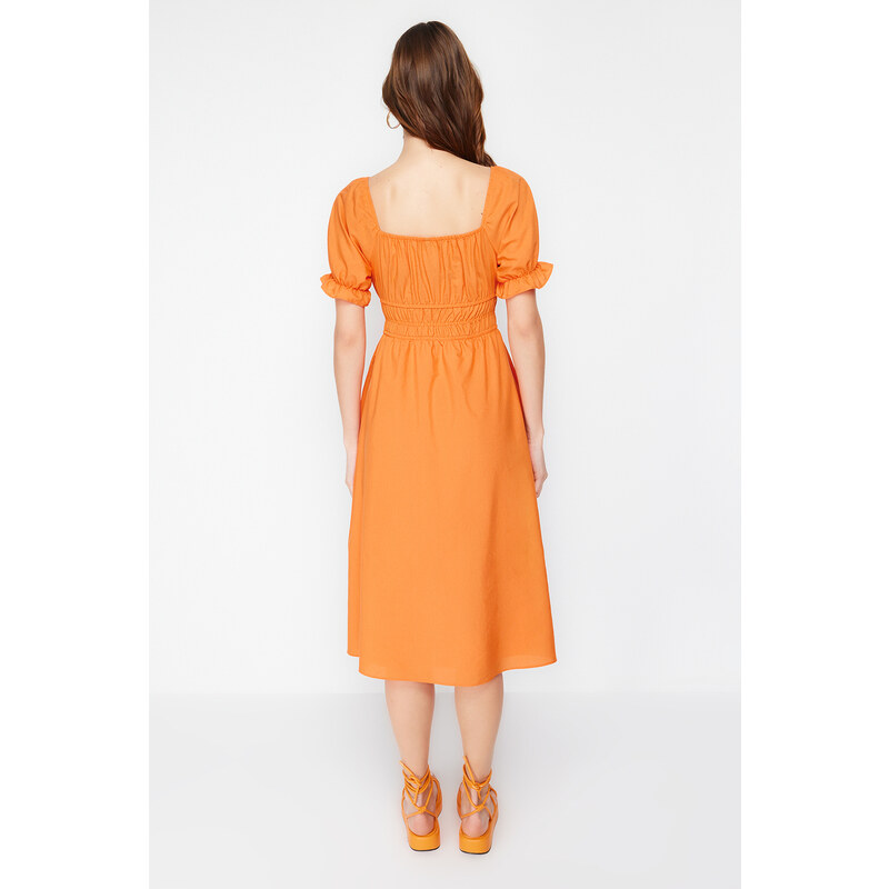 Trendyol Orange Skater/Ballet Opening Balloon Sleeve Midi Woven Dress