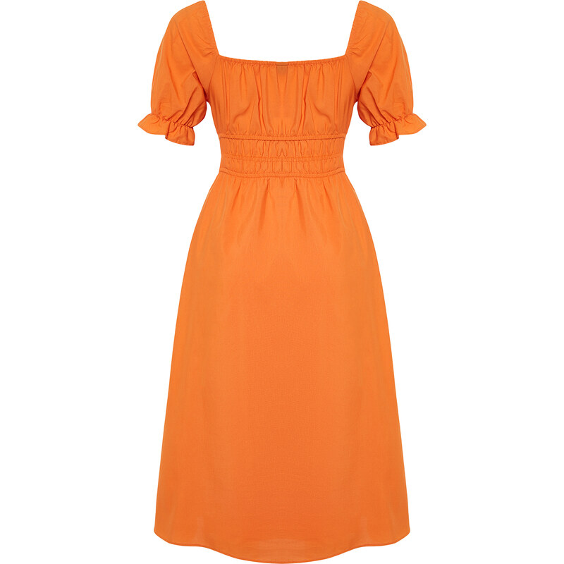 Trendyol Orange Skater/Ballet Opening Balloon Sleeve Midi Woven Dress