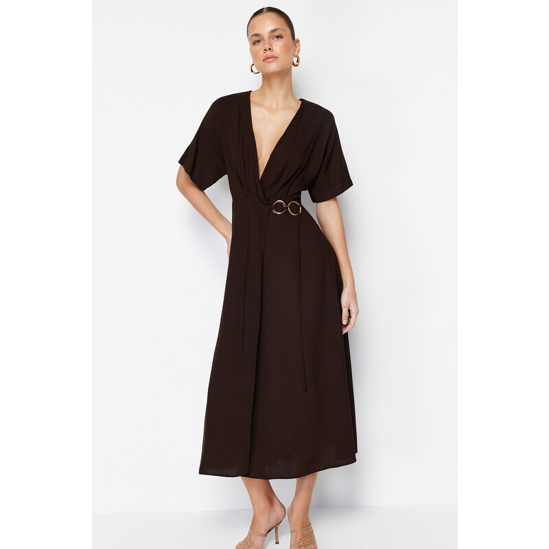 Trendyol Brown Double Breasted Tie Detailed Midi Woven Dress