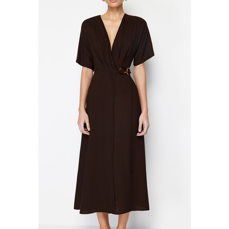 Trendyol Brown Double Breasted Tie Detailed Midi Woven Dress