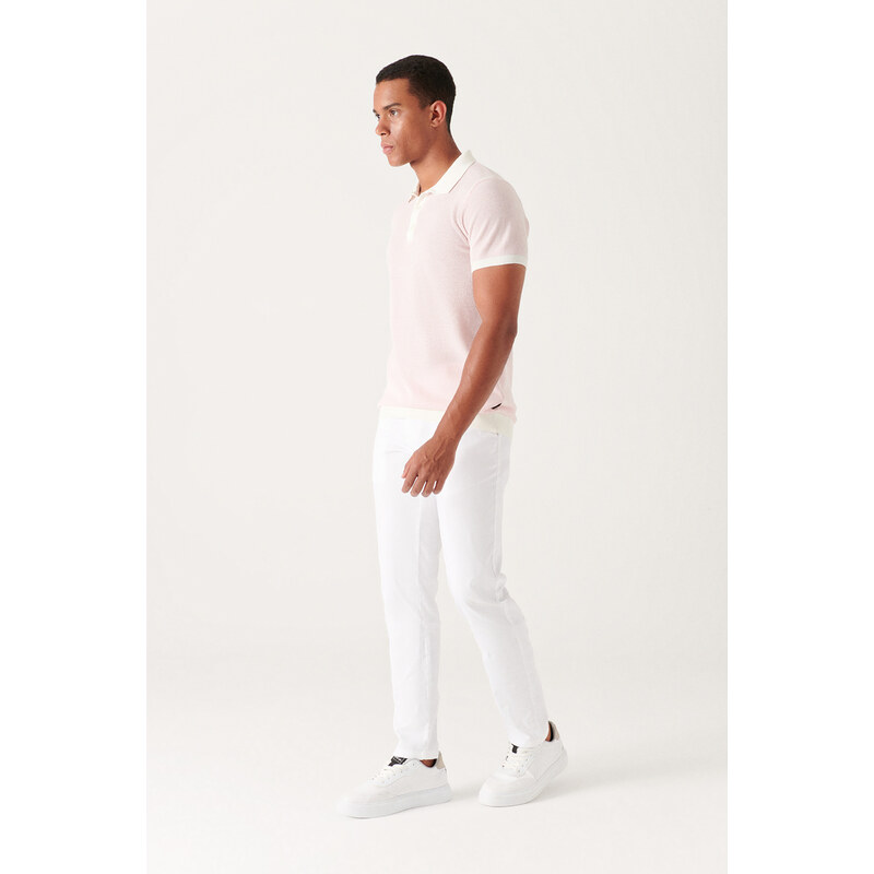 Avva Men's White White Dobby Pants with Side Pockets, Slim Fit Slim Fit Flexible Chino Canvas Trousers