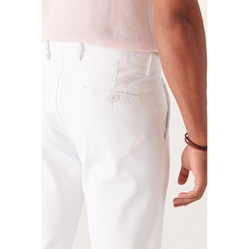 Avva Men's White White Dobby Pants with Side Pockets, Slim Fit Slim Fit Flexible Chino Canvas Trousers