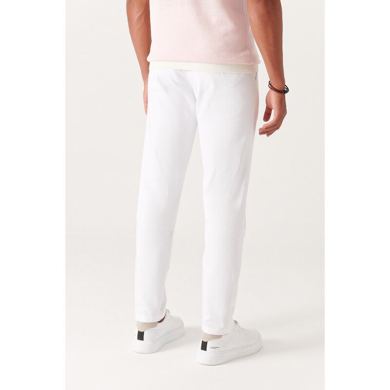 Avva Men's White White Dobby Pants with Side Pockets, Slim Fit Slim Fit Flexible Chino Canvas Trousers