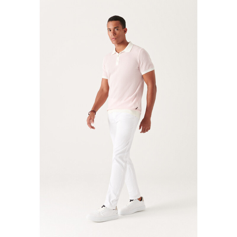 Avva Men's White White Dobby Pants with Side Pockets, Slim Fit Slim Fit Flexible Chino Canvas Trousers