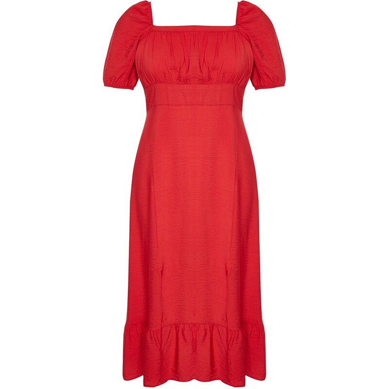 Trendyol Curve Red Crew Neck Skirt Ruffle Woven Dress