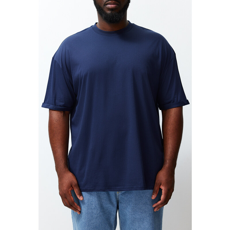 Trendyol Large Size Navy Oversize/Wide Cut 100% Cotton T-Shirt