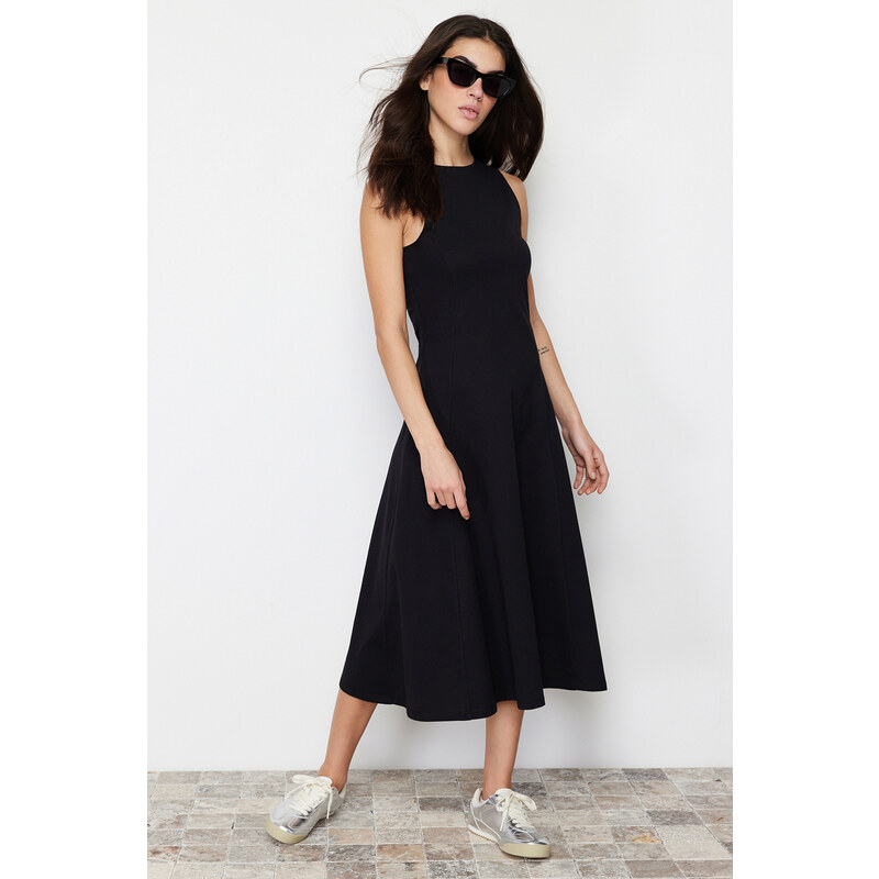 Trendyol Black 100% Cotton Skater/Water Open Crew Neck Sleeveless Midi Knitted Midi Dress