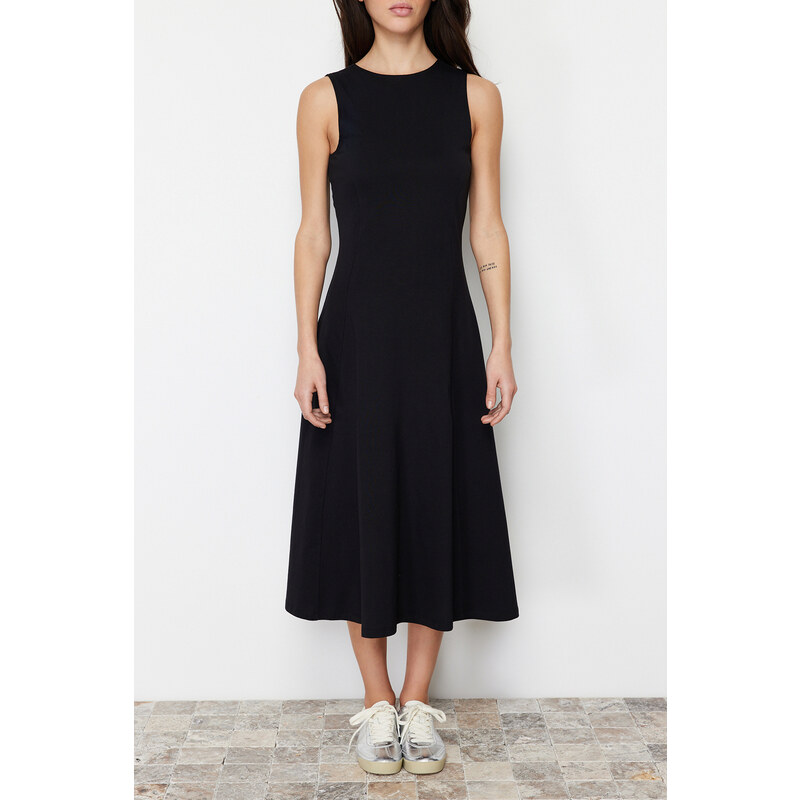 Trendyol Black 100% Cotton Skater/Water Open Crew Neck Sleeveless Midi Knitted Midi Dress