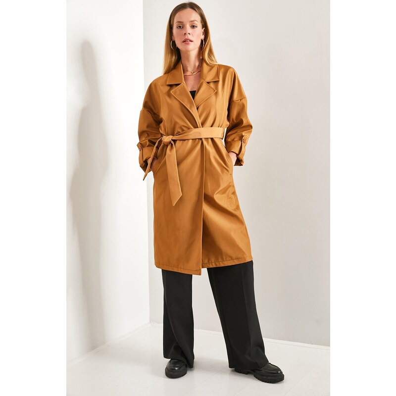 Bianco Lucci Women's Sleeve Fold Belted Trench Coat