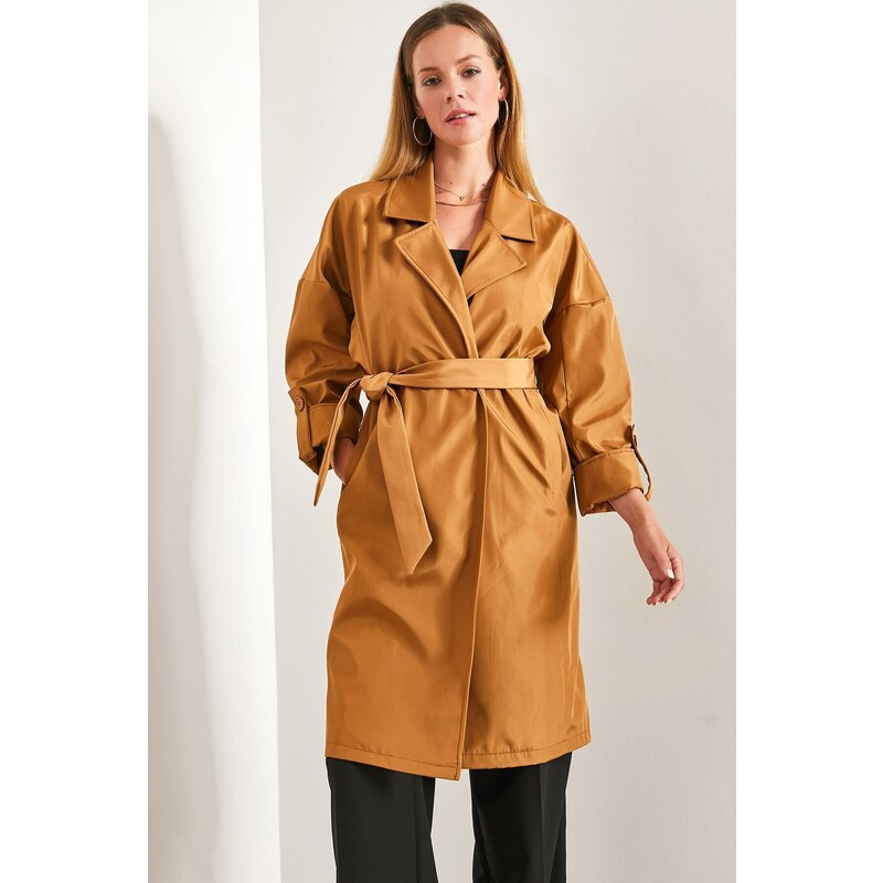 Bianco Lucci Women's Sleeve Fold Belted Trench Coat