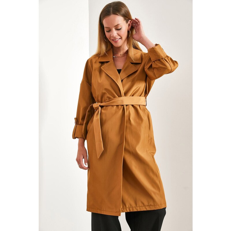 Bianco Lucci Women's Sleeve Fold Belted Trench Coat