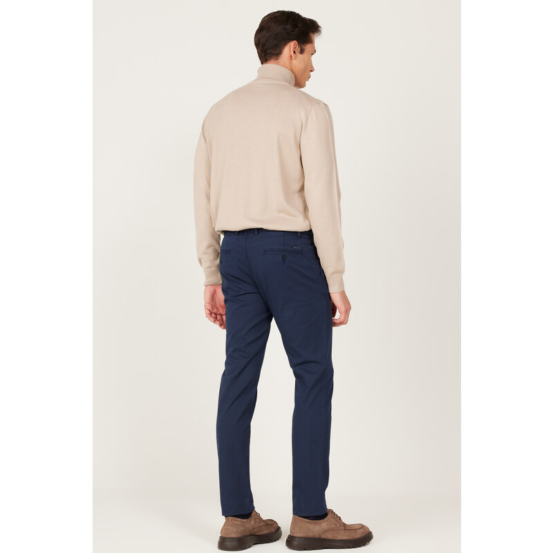 AC&Co / Altınyıldız Classics Men's Navy Blue Slim Fit Slim Fit Side Pocket Cotton Diagonal Patterned Flexible Trousers