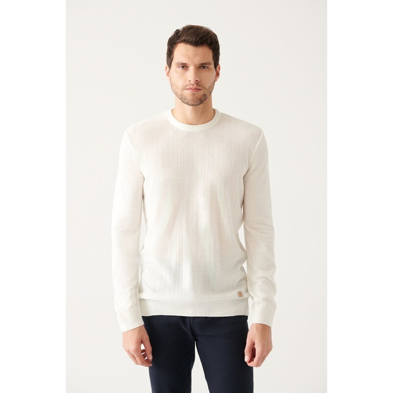 Avva Men's White Crew Neck Herringbone Patterned Standard Fit Regular Cut Knitwear Sweater