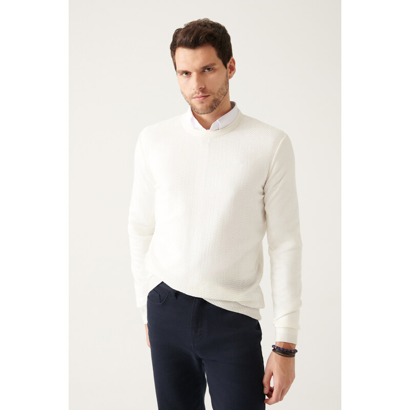 Avva Men's White Crew Neck Herringbone Patterned Standard Fit Regular Cut Knitwear Sweater