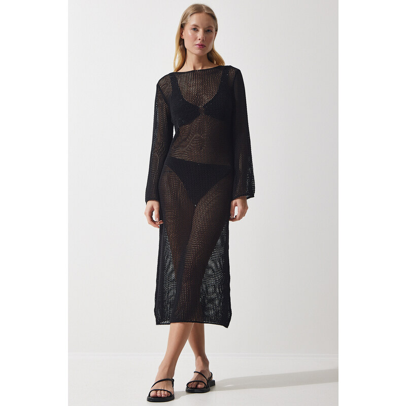 Happiness İstanbul Women's Black Openwork Transparent Long Knitwear Dress