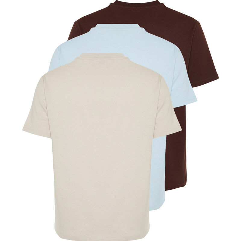 Trendyol Dark Brown-Stone-Light Blue Basic Slim Fit 100% Cotton 3-Pack T-Shirt