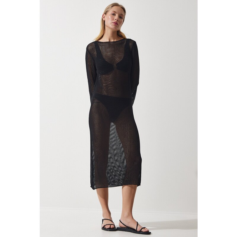 Happiness İstanbul Women's Black Openwork Transparent Long Knitwear Dress