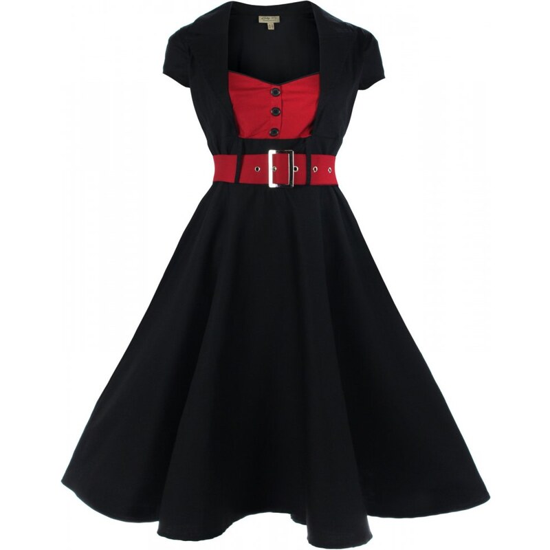 Černé retro šaty s červeným páskem Lindy Bop Geneva