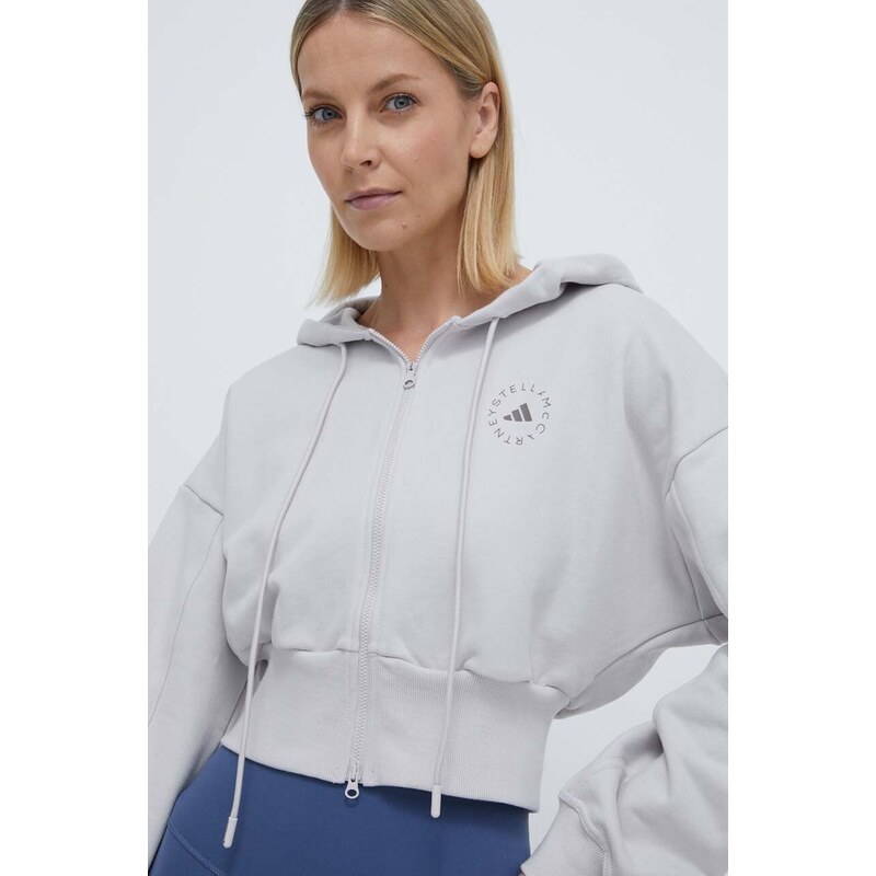 Bavlněná mikina adidas by Stella McCartney dámská, šedá barva, s kapucí, s potiskem, IT8268