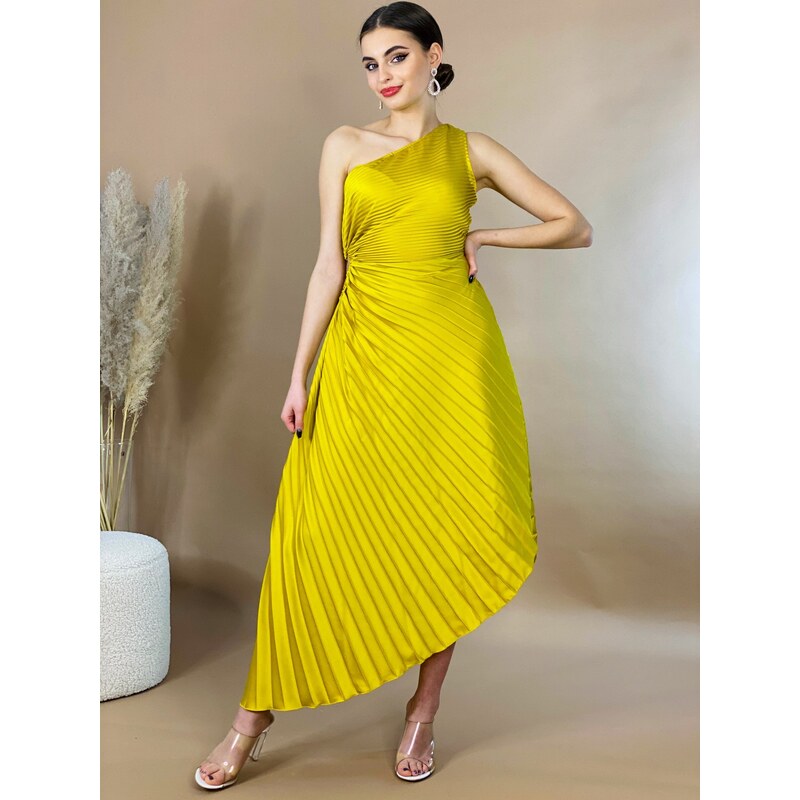 Webmoda Dámské asymetrické plisované šaty na jedno rameno - žluté