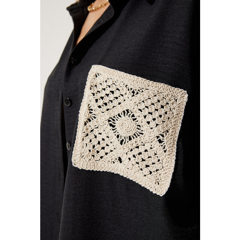 Happiness İstanbul Women's Black Lace Detailed Linen Shirt