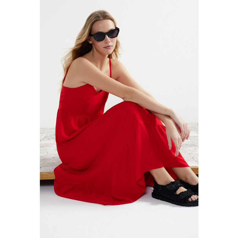 Trendyol Red Skirt Flounce Relaxed Cut Strap Midi Woven Dress