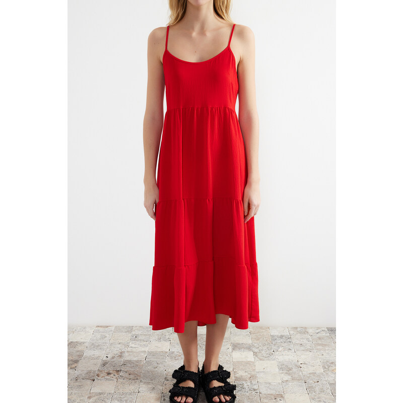 Trendyol Red Skirt Flounce Relaxed Cut Strap Midi Woven Dress