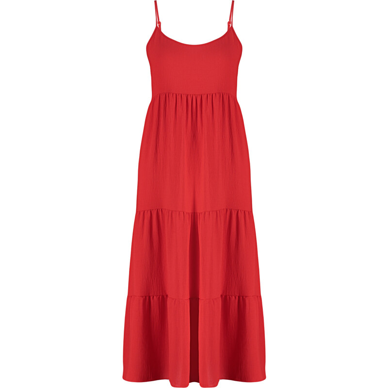 Trendyol Red Skirt Flounce Relaxed Cut Strap Midi Woven Dress