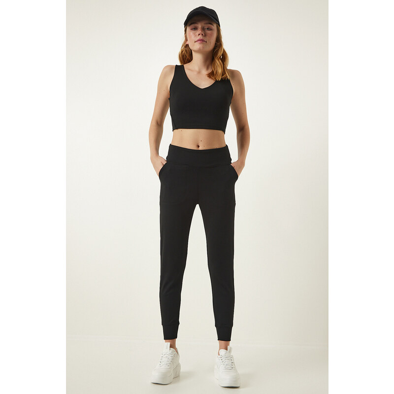 Happiness İstanbul Black Pocket Knitted Sports Leggings
