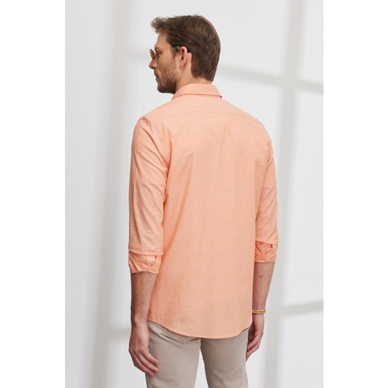 AC&Co / Altınyıldız Classics Men's Orange Slim Fit Slim Fit Buttoned Collar Flamed Linen Shirt