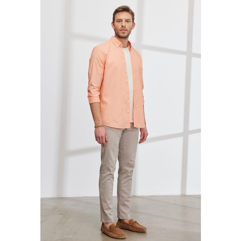 AC&Co / Altınyıldız Classics Men's Orange Slim Fit Slim Fit Buttoned Collar Flamed Linen Shirt