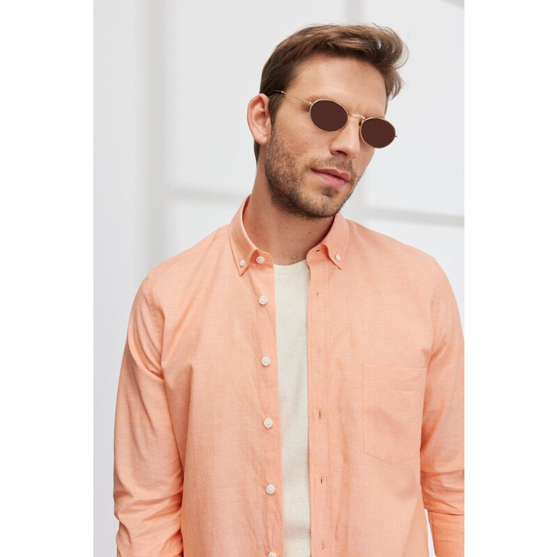 AC&Co / Altınyıldız Classics Men's Orange Slim Fit Slim Fit Buttoned Collar Flamed Linen Shirt