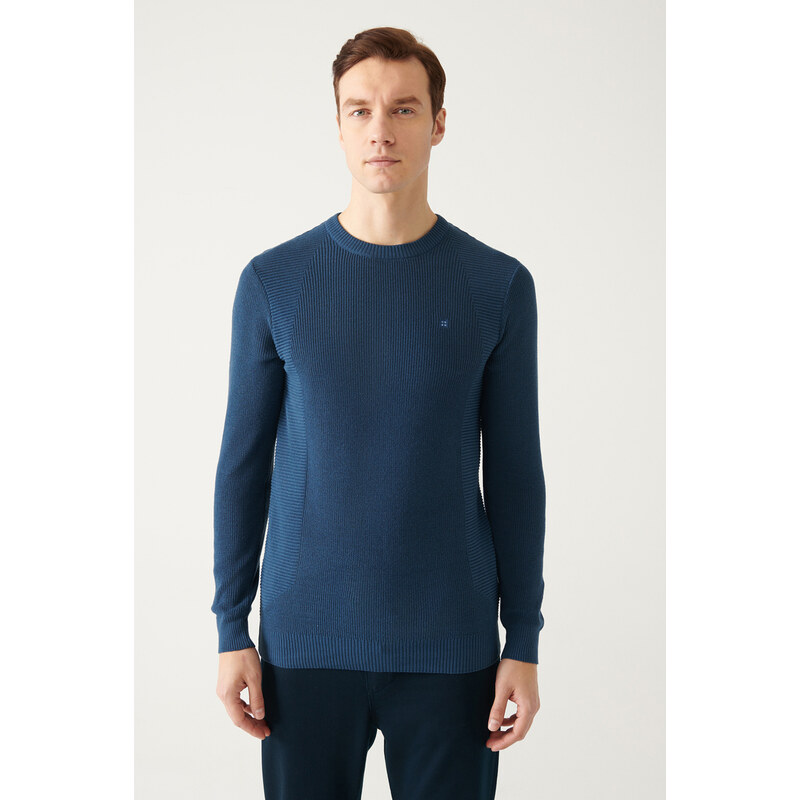 Avva Men's Indigo Crew Neck Jacquard Slim Fit Slim Fit Knitwear Sweater