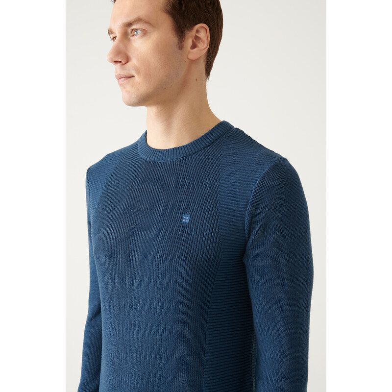 Avva Men's Indigo Crew Neck Jacquard Slim Fit Slim Fit Knitwear Sweater