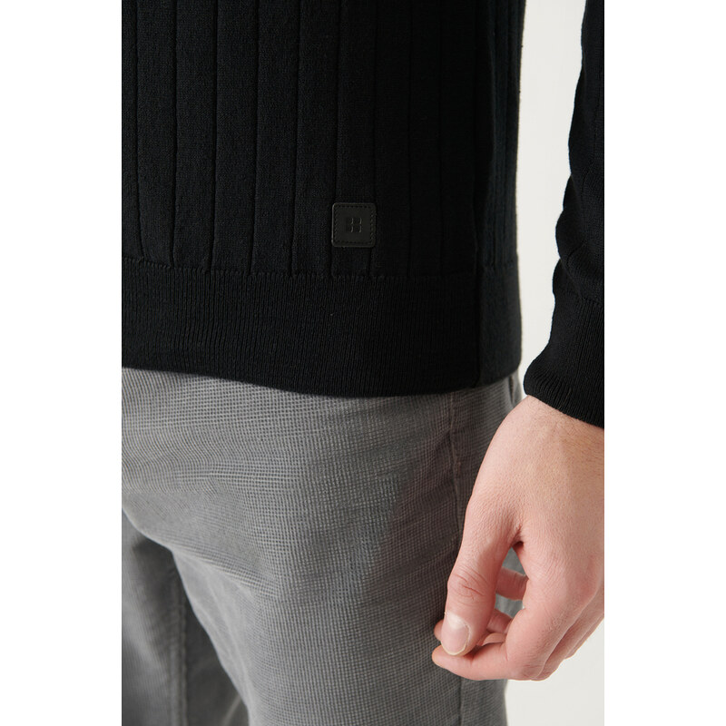 Avva Men's Black Crew Neck Jacquard Slim Fit Slim Fit Knitwear Sweater