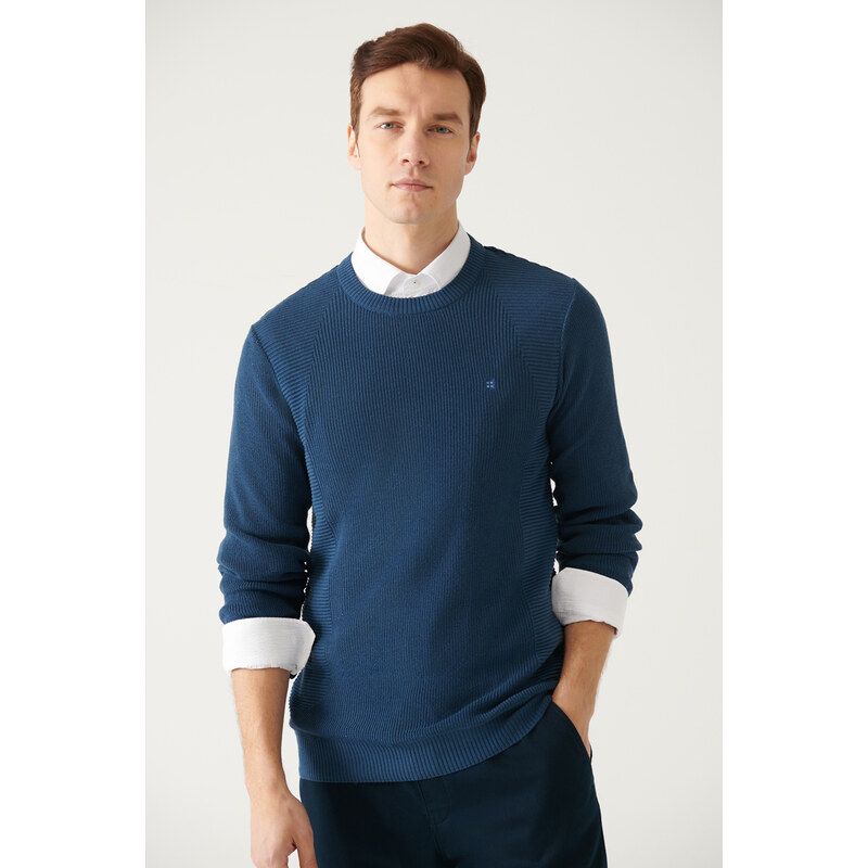 Avva Men's Indigo Crew Neck Jacquard Slim Fit Slim Fit Knitwear Sweater