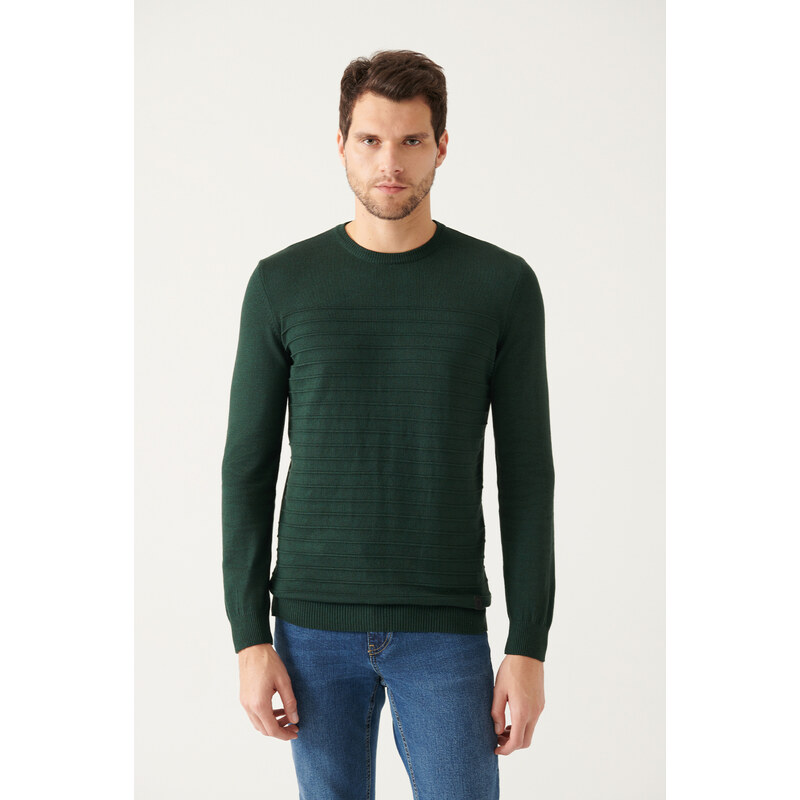 Avva Men's Green Crew Neck Knit Detailed Cotton Regular Fit Knitwear Sweater