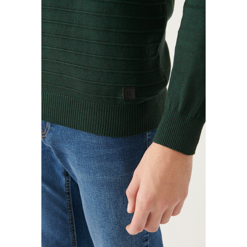 Avva Men's Green Crew Neck Knit Detailed Cotton Regular Fit Knitwear Sweater