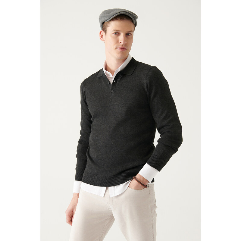 Avva Men's Anthracite Polo Neck Wool Blended Regular Fit Knitwear Sweater