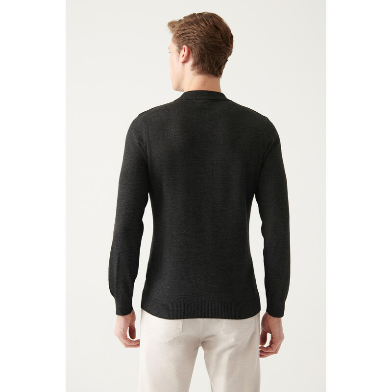 Avva Men's Anthracite Polo Neck Wool Blended Regular Fit Knitwear Sweater