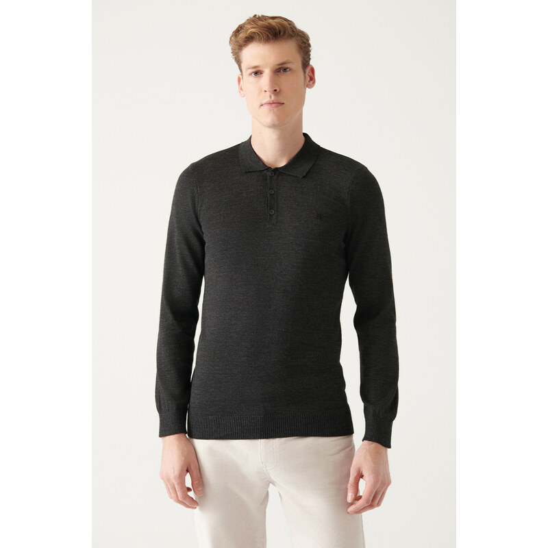 Avva Men's Anthracite Polo Neck Wool Blended Regular Fit Knitwear Sweater