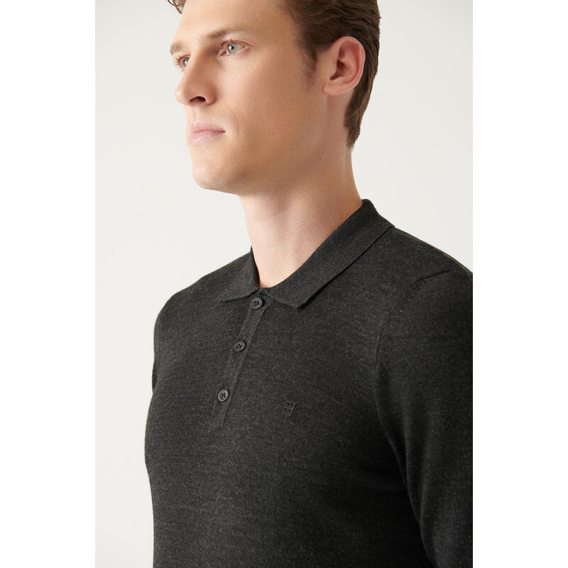 Avva Men's Anthracite Polo Neck Wool Blended Regular Fit Knitwear Sweater