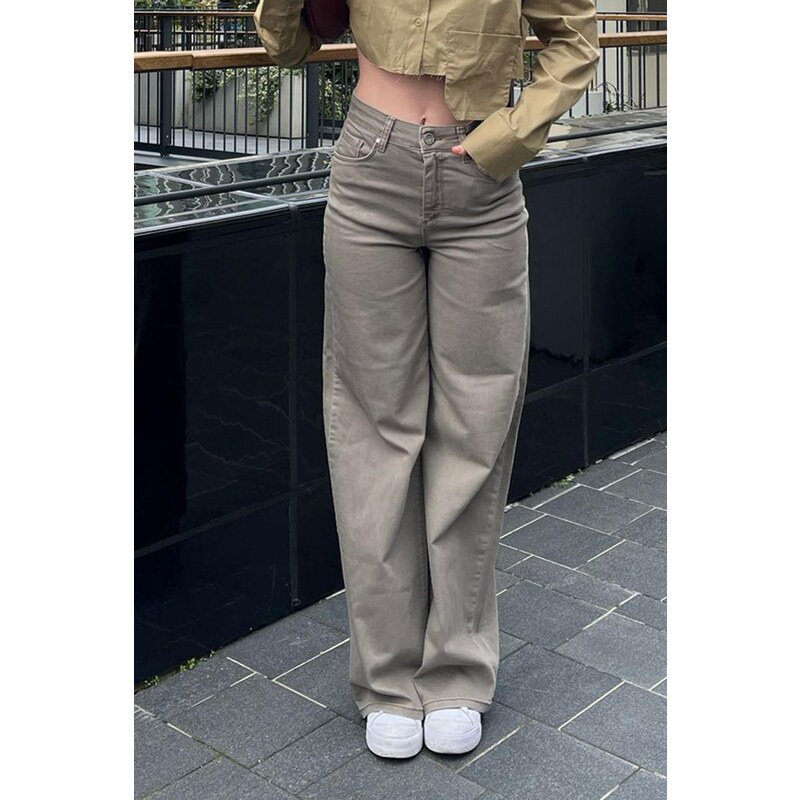 Madmext Women's Milk Brown Straight Wide Jean MG2000